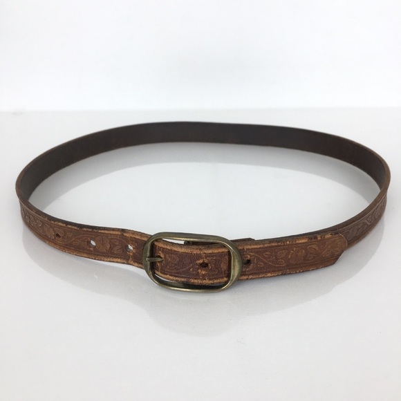 Thin Floral Tooled Leather Belt Brown by Colorado Leather Goods Feminine Western